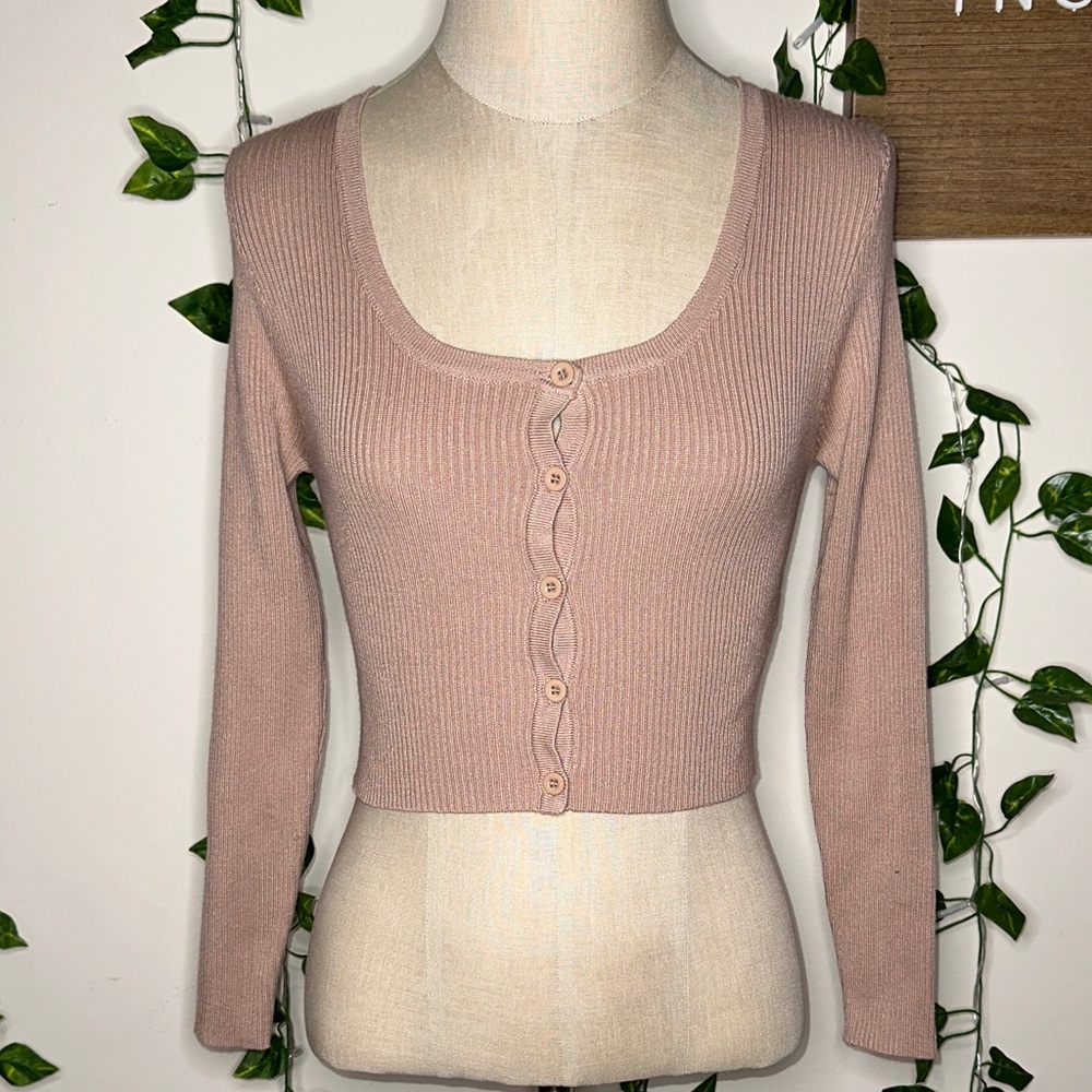 iris Beige Button Down Long Sleeve Ribbed Top